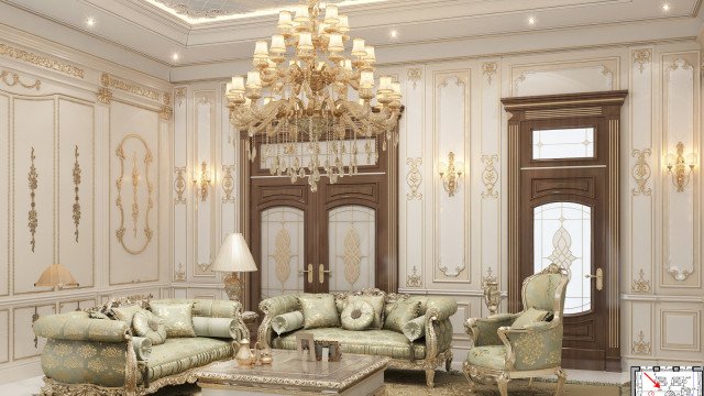 This picture shows a luxurious living room, featuring classic furniture and accessories. The room is characterized by warm colors and textures. The center piece of the room is an extravagant pink sofa surrounded by two armchairs, while the walls and floor are decorated with elegant golden panels. There is also a white fireplace with a beautiful mirror above it, as well as a chandelier and other decorative items. The room is illuminated by soft lighting and has a sense of sophistication and comfort.