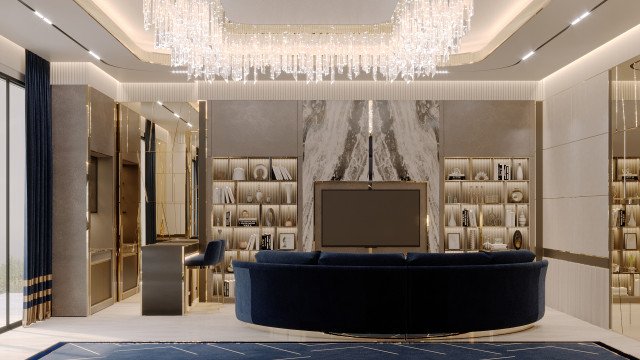 Elegant luxury living room design with exquisite velvet and marble features, creating a perfect space for relaxation.