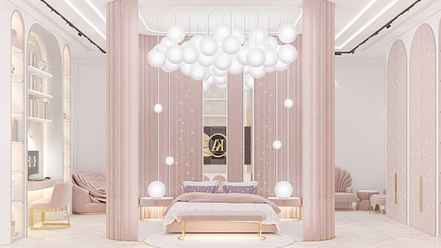 htmlThis picture shows a luxurious master bedroom in a modern, contemporary style. The walls are decorated in a light beige color and there is a large seating area with comfortable white leather armchairs and sofas. There is a colorful rug on the floor underneath and the furniture pieces are sleek and modern. In the corner of the room, there is a dark wood four-poster bed with white bedding and a large window to let in natural light. A black chandelier hangs above, adding a touch of sophistication to the room.
