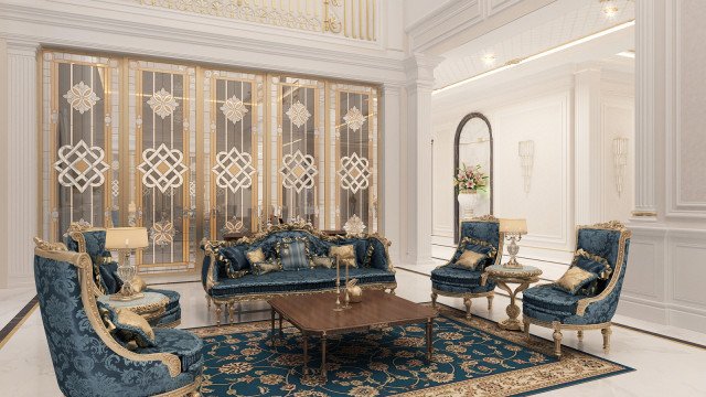 This picture shows a luxurious interior design created by Antonovich Design. The room has an elegant and sophisticated look, with decorative wall panels, a luxurious chandelier, a grand piano, and a plush velvet sofa. The architecture is modern and minimalist, with clean lines and a neutral color palette. The overall effect is one of classic luxury and refinement.