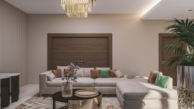 This image is of a luxurious, modern living room. The space has high ceilings, hardwood floors, and floor-to-ceiling windows that provide an abundance of natural light. The furniture is upholstered in white and beige fabrics and includes a plush sofa and armchair, as well as two accent chairs. On the walls, there are striking geometric shapes done in a textured wallpaper. On the floor in the foreground is a large rug in shades of cream and white.