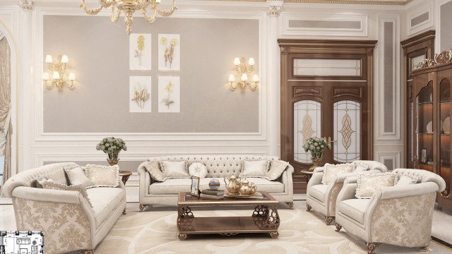 Interior of modern living room with two grey armchairs and ottoman, grey sofa, coffee table and large window with white curtains.
