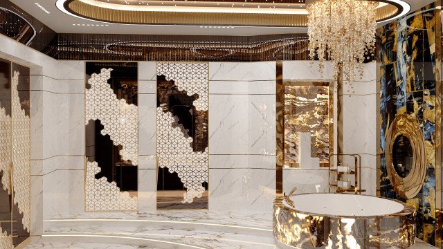 This picture shows a modern art deco inspired luxury living room. It features an off-white and gold color palette, highlighted by a black velvet settee upholstered with a metallic geometric pattern. The room has ornate gold framed mirrors, chandeliers, and other light fixtures to give the space an elegant, opulent feel. There is also a grand piano in the corner, adding a classic touch to the room.