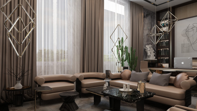 Modern living room in luxury style with unique decor, marble floor and furniture pieces. Luxury atmosphere.