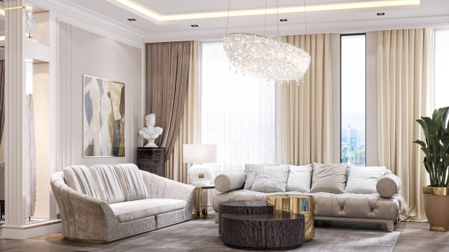 Modern living room featuring beige sofa, black coffee table, white armchairs, and beige area rug.