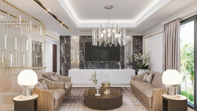 This picture shows a luxurious, modern living room designed by Antonovich Design. The focal point of the room is the large sage green sofa with two back cushions and two armchairs covered in a fabric of a matching color. The walls are adorned with black and white abstract artwork, while a sleek metal console table creates a modern touch to the space. A tufted ottoman provides seating and adds a unique texture to the overall design. Gold accents add a touch of glamour to the space, while warm wood tones create a cozy atmosphere.