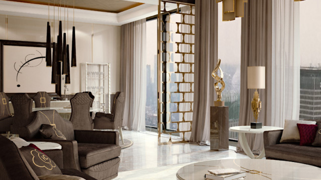 This picture shows a luxurious modern living room with light cream walls and a white ceiling. There is a chic black velvet couch with two cream armchairs and a marble coffee table. A large crystal chandelier hangs from the ceiling, while two antique-looking sconces line the walls. A grand piano is situated near the fireplace, and the floor is covered with an ornate ivory rug.