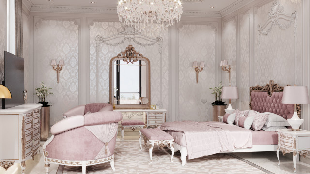 This picture is of a luxurious modern living room. The room has a white leather sofa with several pink throw pillows, surrounded by glass display shelves with gold accents. Large windows on either side of the room bring in natural light and a view of the outdoors. The walls are painted a light shade of gray, and an ornate chandelier hangs from the ceiling.
