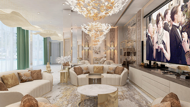 This picture shows an elegant room with luxurious golden accents. The room features a fireplace sitting area upholstered with plush, ivory tufted sofas and armchairs in a semi-circle formation around a large marble coffee table. Framed artwork and sculptures are displayed on the wall above the mantelpiece. The room is completed with a grand baby grand piano, ornate chandelier, and a patterned rug atop a polished hardwood floor.