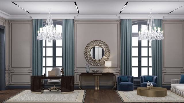 This is a luxurious living room in an elegant home. The room features an ornate cream and gold sofa and armchair set, with a matching coffee table. There is a large, beautifully framed mirror above the sofa, as well as intricate light fixtures hanging from the ceiling. The walls are painted in a deep terracotta color, with detailed gold accents along the trim. On either side of the sofa are dark wood end tables topped with sophisticated lamps. The room has plush, patterned rugs and plenty of stylish pillows to create a comfortable yet refined atmosphere.