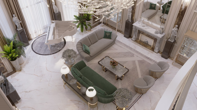 This picture shows a luxurious living room interior designed by the company Antonovich Design. The room features golden and white accents, grand chandeliers, and an elegant upholstered sofa. Large marble floor tiles and a classic patterned rug provide texture and contrast to the modern setting. The walls are adorned with a large-scale painting and framed wall decor. The space is enhanced with subtle warm lighting for a cozy atmosphere.