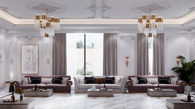 This picture shows a luxurious contemporary style living space with classic elements. The color scheme is composed of neutral whites, grays, and blacks with gold and deep purple accents. The furniture pieces are composed of plush velvet and rich wood, with an area rug for textured contrast. There is a large statement mirror mounted to the wall, and a soft seating area with a coffee table in the center. The overall ambiance of the room is cozy and inviting.