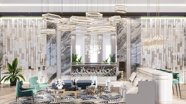 This picture shows a large and luxurious living room with a white marble floor, modern columns and a grand staircase leading up to the mezzanine level. The room has several statement pieces of furniture including a black leather couch, an ornate coffee table, a white grand piano, a glass chandelier, and several antique bookshelves. The walls are covered in an elegant white and gold wallpaper with intricate detailing, and everything is illuminated with natural light from the numerous windows.