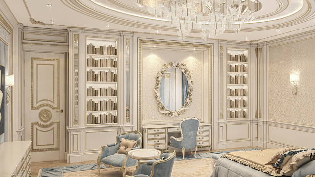 This picture shows an interior design for a grand living room. The space is decorated with classic elegance, featuring a plush ivory sofa, two armchairs upholstered in velvet, and a large area rug with floral motifs. Accent pieces include a Louis XVI style fireplace, gilded mirrors, and classic wall art. A crystal chandelier hangs from the ceiling, adding a touch of glamour.