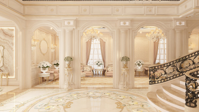 This picture shows an elegantly decorated interior space with a grand spiral staircase in the center. The walls, floors and ceilings are made of marble with luxurious chandeliers and vintage furniture adorning the space. There are also large windows with curtains on each side of the staircase. The overall look is luxurious and sophisticated.