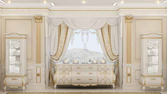 This picture shows a luxurious living room setup. It has a brown and gray palette with touches of gold accents. The walls have an intricate and detailed design that gives the room a classic, elegant look. The ceiling is adorned with modern chandeliers, and a white and cream striped rug helps to separate the different areas of the space. Two comfortable-looking sofas in a complementary tone are arranged around a low black coffee table, while on the other side of the room there is a grand, light-colored piano. The overall look is one of luxury and sophistication, perfect for hosting