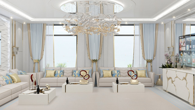 This picture shows a luxurious home interior with white walls, high ceilings, and dark wood floors. There are large windows that let in plenty of natural light, and comfortable seating areas with upholstered chairs and sofas. The room is decorated with expensive looking artwork and sculptures, and a stylish chandelier hangs from the ceiling. There is an elegant white staircase leading to what appears to be the upper level of the home.