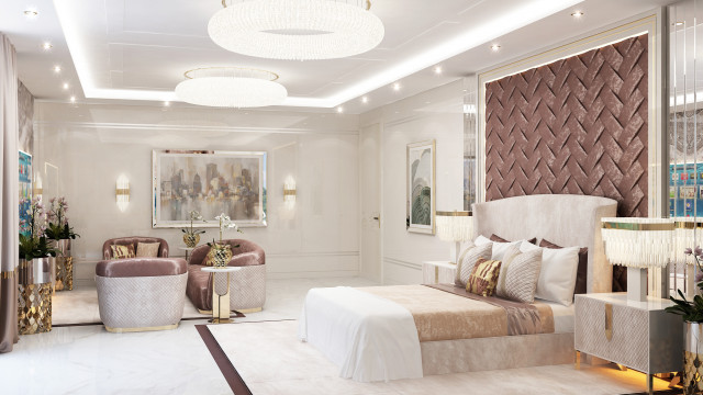 This picture shows a luxurious bedroom with a beautiful beige and off-white color palette. The walls are adorned with an intricate beige wallpaper and the bed is upholstered in a soft, light beige fabric. The room has a cozy, sophisticated feel due to its warm colors and luxurious amenities such as the chandelier above the bed and the golden bed frame. A classic wooden dressing table is featured in one corner of the room and a luxurious, patterned rug overlays the hardwood flooring.