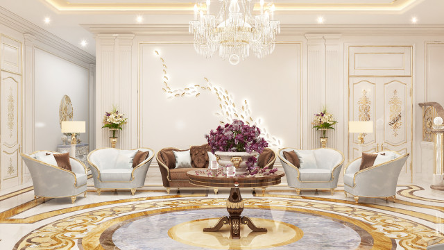 This picture shows a luxurious interior design. The space features a curved marble stairway, with two gold-plated lions sitting atop a stone column at the top. The walls are dark gray with a decorative golden border. There are two sofas and chairs arranged around a large ornate coffee table, and a chandelier hangs from the ceiling.