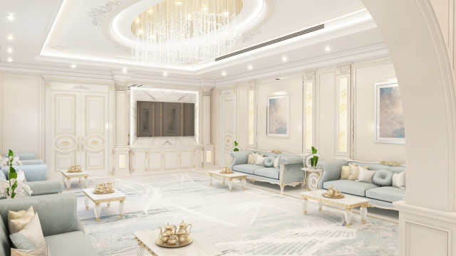 This picture shows a luxurious interior design with a neutral color palette. The main focus of the image is a grand fireplace made from white marble, and it is surrounded by large windows offering lots of natural light to the space. There are also comfortable couches and chairs, as well as a bar area with a modern glass table. The overall look is elegant and sophisticated.