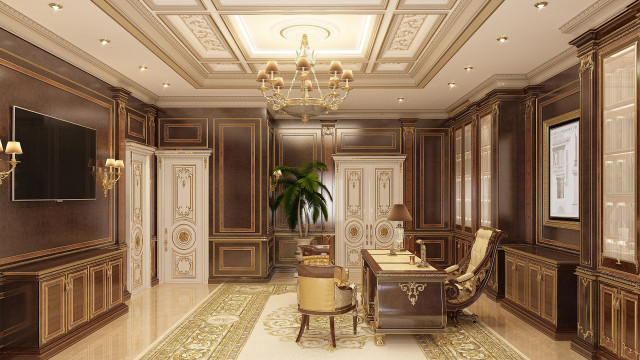 Foyer featuring marble flooring, curved walls, and white sofas arranged in an angled pattern.