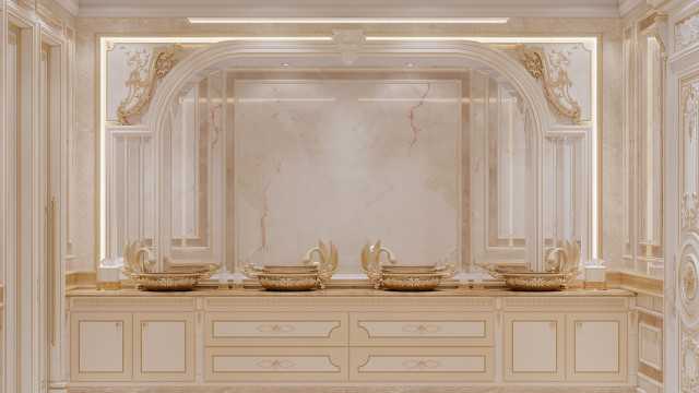 An elegantly designed ambiance with glossy white marble flooring and stylish high-backed furniture. Neutral hues, intricate detailing, and grand golden accents create a luxurious atmosphere.