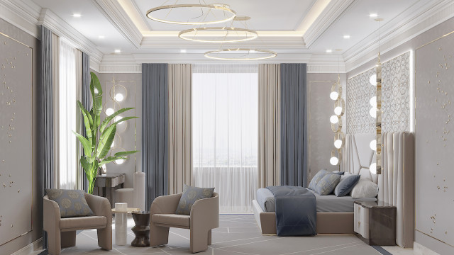 This picture shows a modern styled living room space. It features elegant furniture, including a white sofa and armchair with stylish accents, a modern glass coffee table, and a round side table. The walls are a light beige color with a bright white trim. The floor is made of hardwood boards finished in a dark color. Large windows with sheer curtains let in plenty of natural light, and a large pristine fireplace with a marble finish is the centerpiece of the room.