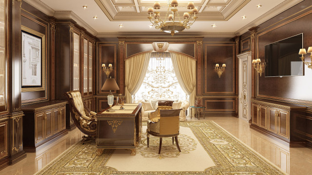 This picture shows an ornate, elegant living room. The room features a white marble fireplace with gold accents, a large chandelier hanging from the high ceiling, luxurious patterned wall coverings, and a comfortable cream-colored sofa and armchairs. The space is finished off with an ornate mirror and side tables, creating a luxurious and inviting atmosphere.
