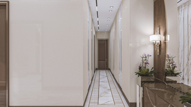 Luxurious modern hallway with marble flooring, marble wall accents, and metal elements.