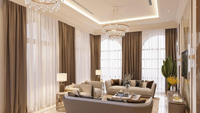 Modern and luxurious bedroom designed in Art Deco style, with royal gold details and elegant light fixtures.