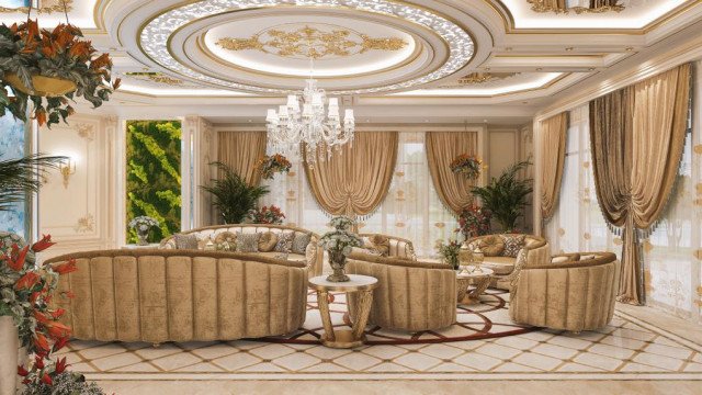 An ornately decorated, luxurious interior design featuring a grand chandelier, gilded accents, and a white marble floor.
