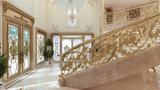 A luxurious interior design in shades of pale yellow and gold featuring a grand double-winged staircase, illuminated chandeliers, elegant sofas, and intricate moldings.