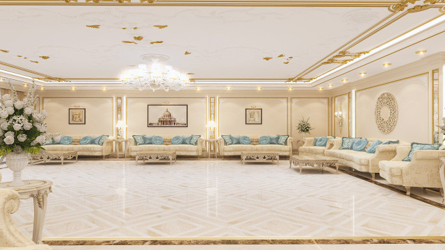 Luxurious modern interior design with an intricate marble pattern and custom-made furniture in a grand setting.