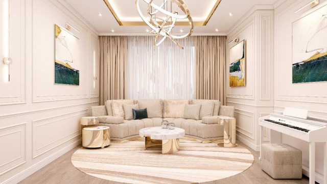 Interior of a luxurious, contemporary living space featuring classic furnishings in neutral hues.