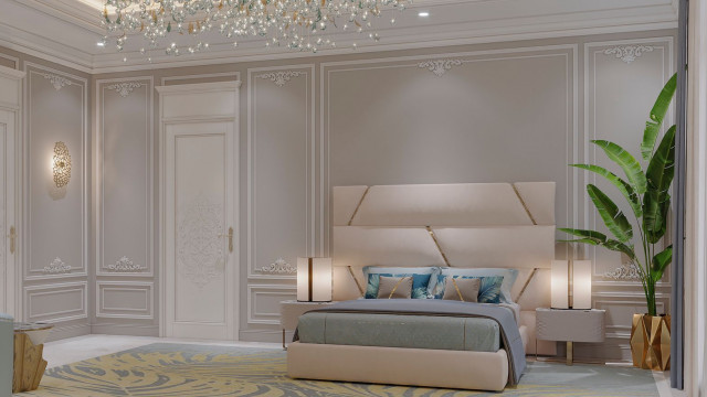 Luxuriously designed modern interior, featuring an ornate plasterwork ceiling and an extravagant crystal chandelier.