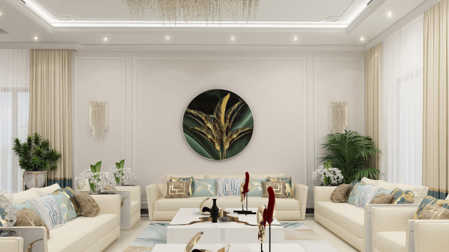 This picture shows a luxurious and modern living room. The walls are upholstered with a combination of light beige and light brown leather, creating a warm and inviting look. A large sofa is the centerpiece of the room, accented by two matching armchairs and an ottoman in a cream fabric. The whole room is illuminated by two large windows and two beautiful crystal chandeliers. There is also a round coffee table with a floral pattern and golden accents.