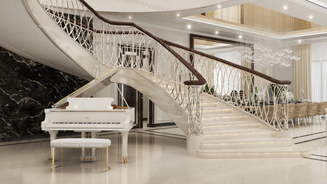 A high-end contemporary interior featuring white walls, marble flooring, luxury furniture, and a grand chandelier.