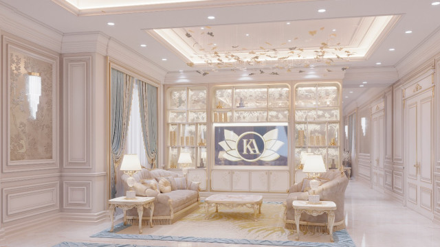 This picture shows a spacious and luxurious living room. The walls are painted in a light, warm color and the floors are covered with white marble tiles. In the center of the room is a large beige sofa, with two matching armchairs on either side. An elegant crystal chandelier hangs overhead, illuminating the room. Decorations and artwork line the walls, creating an inviting atmosphere.