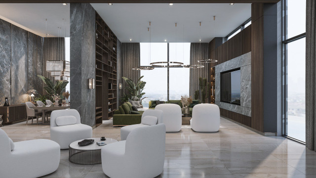 This picture shows an interior of a modern luxury office space. The walls are a crisp white and the floor is a light hardwood. The furniture consists of a white desk, a luxurious black leather chair and a matching sofa with an ottoman. There is also a set of built-in shelves in one corner filled with books and art pieces to add a touch of personality to the room. The windows are dressed in floor-to-ceiling beige drapes, which provide privacy and light control. There is also a Klimt painting hanging on the wall adding a sense