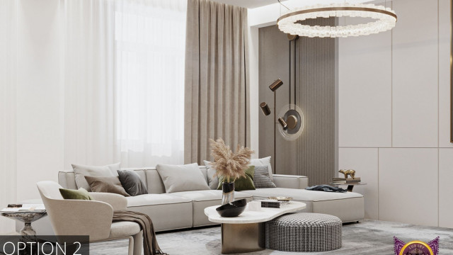 Luxurious livingroom with white walls, sofas and carpets decorated with gold and crystal details creating a stunningly stylish area.