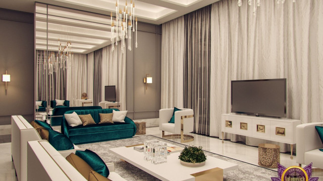 This picture shows a luxurious modern living room with a white grand piano, gray and white marble flooring, and elegant gray velvet sofas and chairs. The walls are finished with gold-accented wall panels, and there are wooden side tables and white decorative lamps for added ambiance. The whole room is illuminated by a large glass chandelier hung in the center of the ceiling.