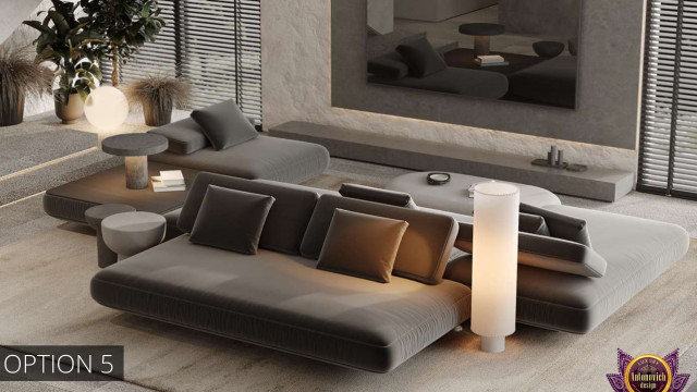 An indoor lounge with modern and luxurious furnishings, comprising a dark-coloured sofa, armchairs and ottoman in a stylish setting with stone walls and a patterned rug.