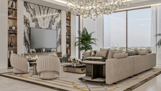 Luxurious modern living room with high-end furniture and decor, featuring beige walls, white ceiling, large window, and comfortable seating area.