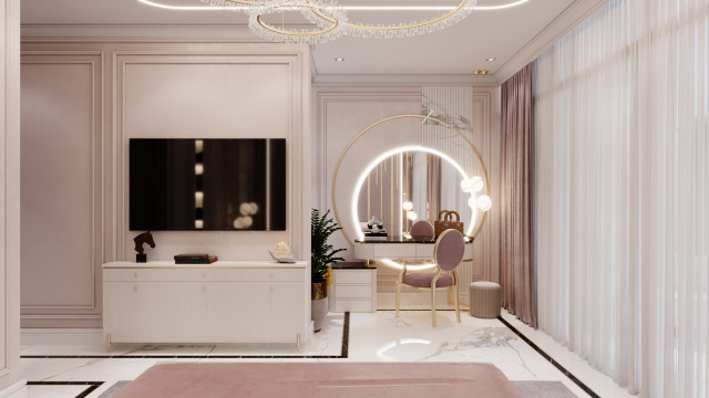 Modern luxury home interior with a grand chandelier in the center and cream-colored walls, furniture and decor.