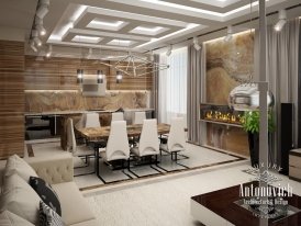 Modern luxury kitchen with gray marble tiles, golden and silver accents and a full set of modern appliances.