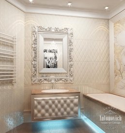 Modern luxury bathroom with unique glass tub, classic marble floors and elegant white furniture.