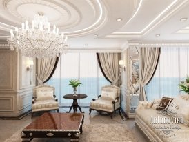 Minimalistic and modern interior with light beige tone, wooden accents and eye-catching crystal chandelier.
