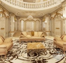 Luxury marble dining-room with exquisite gold chandelier, stylish golden furniture and unique beige flooring.