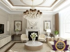 This image is a luxurious bedroom design. It has an elegant bed, beautiful furniture, and a crystal chandelier, creating a stunning and relaxing atmosphere.