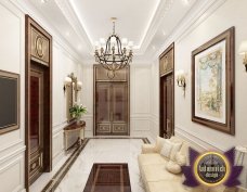Unique luxury interior with exquisite design elements combining modern furniture, crystal chandelier and majestic wall covering.